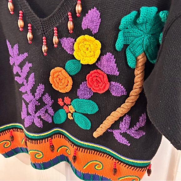 Carole Little Black shirtsleeve sweater Palm tree with Colorful Embroidery beads - Picture 2 of 5